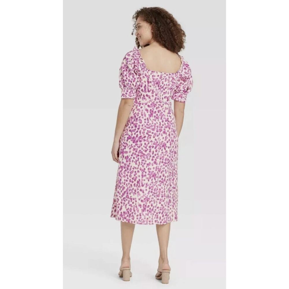 Who What Wear Fuchsia Leopard Print Puff Sleeve Button Front Midi Dress - Small - Picture 3 of 13